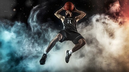 Basketball player mid-air, preparing to shoot in a smoky setting.