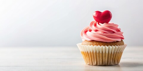 a delicious cupcake adorned with a heart-shaped decoration, set against a clean white background with ample copy space.