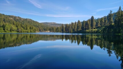 Obraz premium Breathtaking morning in Yosemite National Park, lake mountains and forest, calm and beautiful, fresh air, very attractive, blue sky very clean and blue, sunny day, professional camera shot, perfect tr