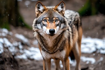 Naklejka premium A pair of wolves standing in a snowy forest, their fur blending into the winter landscape as they look out over their natural territory