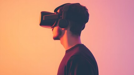 A young man wearing a VR headset,  looking around with a curious expression.