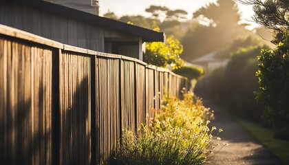Fototapeta premium Wooden fence with path and morning sunlight in a suburban setting