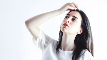 Naklejka premium Young woman with long dark hair, looking up, hand on head.