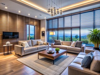 Fototapeta premium Modern luxurious living room with automated blinds, smart thermostat, and voice-controlled lights, showcasing advanced technology integration for a comfortable and efficient home.