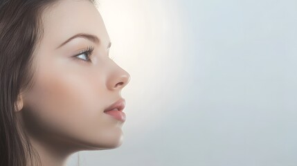 Naklejka premium Close-up profile of a young woman with long dark hair.