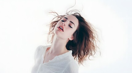 Naklejka premium A young woman with brown hair and eyes closed, with her head tilted back, stands in front of a white background.
