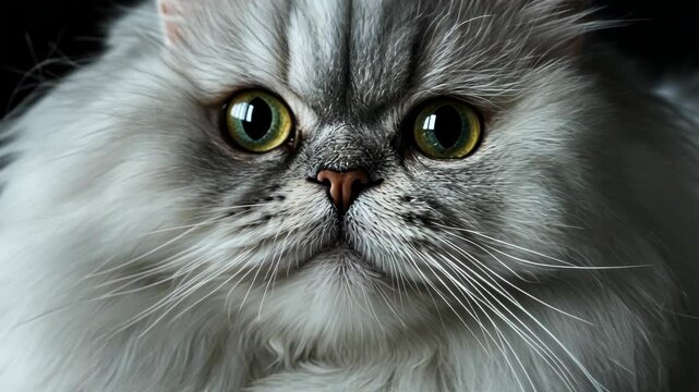 A fluffy silver Persian cat with striking eyes, resting on a dark background.