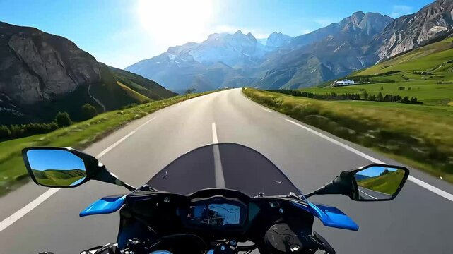 thrill of motorbike ride Swiss stunning 4K biker navigates winding mountain road providing breathtaking first person view landscape motorcycle motorcyclist trip route rider motorbike freedom