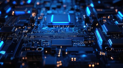 Fototapeta premium Close-up of a Blue Illuminated Motherboard with Integrated Circuits