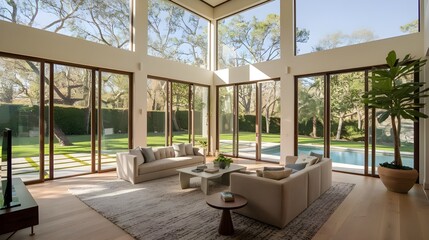 A photo of a spacious living room in a luxurious house
