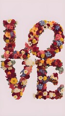 A photo of a vertical arrangement of the word 'LOVE' made up of vibrant and colorful flowers