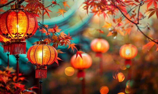 Red Lanterns Hanging in a Chinese Garden