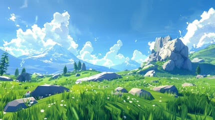 Stylized lowpoly sky, aearial view fronth with mountains skyline blue sky alpine clash of clans style for HDRI plane 