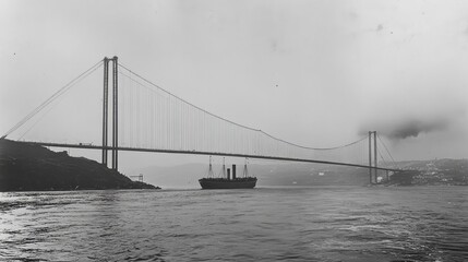 Fototapeta premium A large ship sails under a suspension bridge in a foggy harbor.