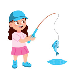 girl fishing fish with rod