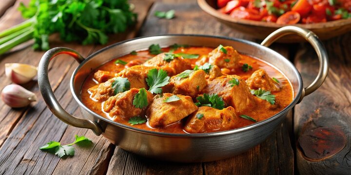 Savory Indian butter chicken curry with tender chicken, creamy tomato sauce, and aromatic spices, garnished with fresh cilantro, served in a traditional balti dish.