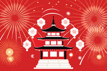 A black pagoda with white windows and red trim surrounded by white flowers and red and yellow fireworks on a red background.