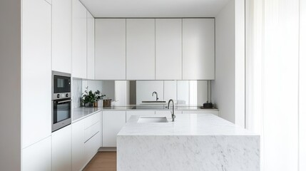 Minimalist kitchen with white cabinets and marble countertops