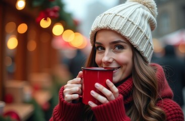 A woman enjoys a warm drink at a festive outdoor market during winter, surrounded by holiday decorations and glowing lights
