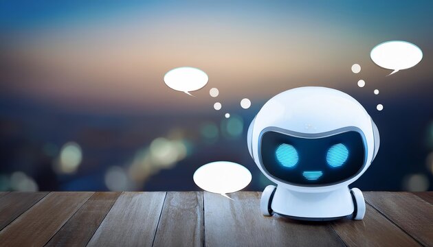 A cute, futuristic robot with glowing blue eyes sits on a wooden surface, surrounded by speech bubbles, against a blurred sunset background.