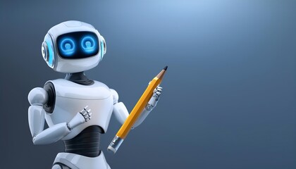 Fototapeta premium A futuristic robot with blue eyes holds a yellow pen, poised to write, highlighting the intersection of technology and creativity.