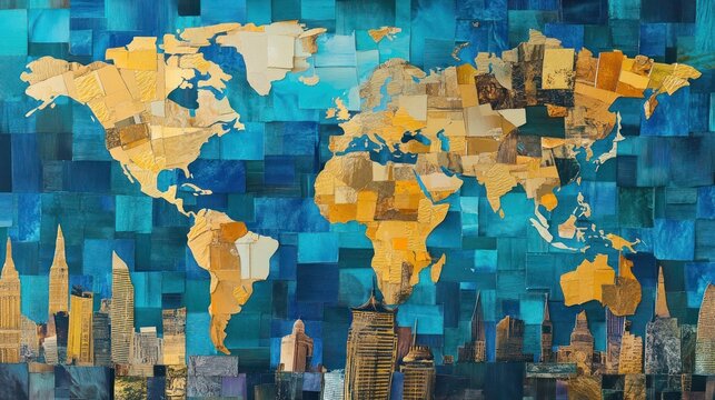 Fototapeta A colorful world map collage with golden continents over a blue background and city skyline.