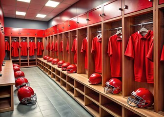 Vibrant red locker stalls line the walls of a bustling athletic team's dressing room, adorned with jerseys, helmets, and sports equipment, exuding school spirit.