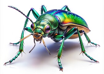 Fototapeta premium Vibrant metallic tiger beetle with powerful mandibles and long legs stands out against a crisp white background, rendered in stunning digital art style with precise details.