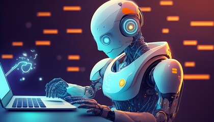 A futuristic robot operates a laptop, illuminated by soft blue light, showcasing advanced technology and artificial intelligence.