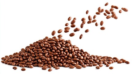 A heap of brown coffee beans with some beans scattered above.