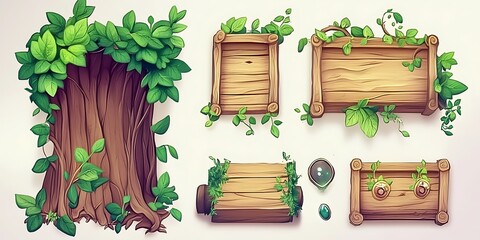 Naklejka premium Wooden Sign with Vines and Leaves, Game UI Design Element