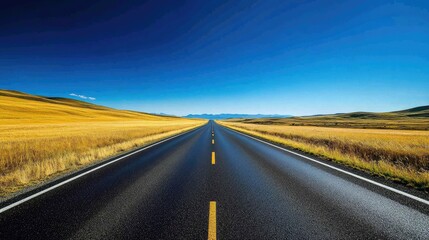 Fototapeta premium Expansive Road Through Golden Fields Under Clear Sky