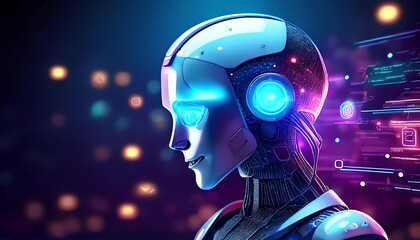 A futuristic robotic head with glowing blue lights, blending innovation and technology against a vibrant, digital backdrop.