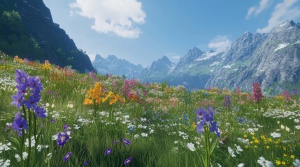 Fototapeta premium Vibrant Wildflower Meadow with Majestic Mountains