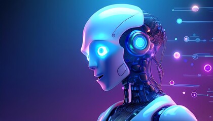 A futuristic robot with glowing features and an intelligent expression, set against a vibrant, digital backdrop.