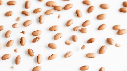 A scattered arrangement of small, light brown seeds on a white background.