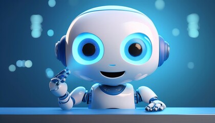 A friendly, animated robot with bright blue eyes, sitting at a table, appears engaged and interactive against a glowing, colorful background.