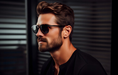 Fototapeta premium Handsome young man wearing sunglasses shows off his modern style with a serious expression.