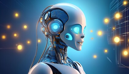 A futuristic humanoid robot with glowing blue features and a sleek design, set against a high-tech background filled with light orbs.