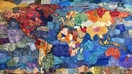 A colorful quilt depicting a world map made from various fabric pieces.
