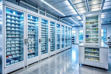 Automated pharmacy system in a modern hospital corridor efficiently stores and dispenses medications, promoting accuracy and streamlining healthcare workflows in a bustling urban environment.
