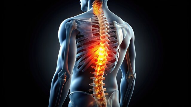 Illustrative model of the human spine showcasing a prominent inflamed intervertebral hernia on a black backdrop, highlighting symptoms and treatment options for back pain sufferers.