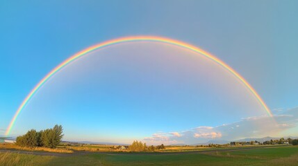 Naklejka premium Vibrant Rainbow Over Green Fields and Blue Sky