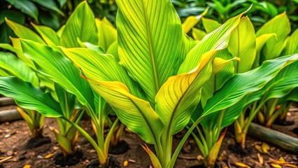Obraz premium Vibrant yellow-green turmeric plant once deemed rotten now flourishes, sprawling with lush, healthy leaves, defying expectations in a surprising display of resilience and natural beauty.
