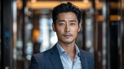 Obraz premium A very handsome Chinese man in formal business wear, standing in an elevator lobby, his expression and posture indicating the stress and difficulties of his job, realistic photo style 