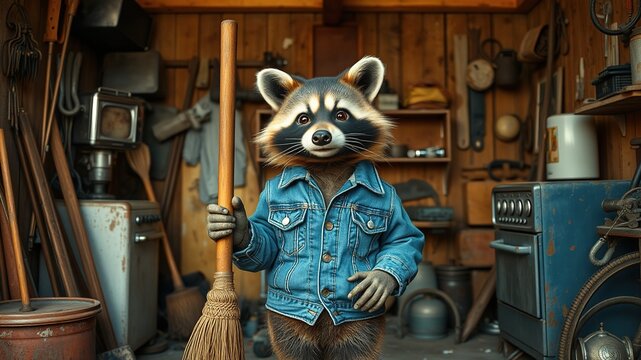 A charming raccoon in a denim jacket stands in a cluttered garage, clutching a worn broom handle amidst old tools, rusty appliances, and peeling paint on wooden walls.