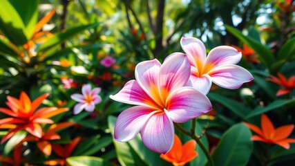 Obraz premium A delicate plumeria flower blooms amidst lush green foliage and vibrant tropical plants in a serene and vibrant nature garden setting with soft sunlight filtering through the trees.