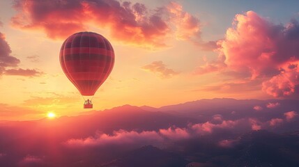 Obraz premium Sunset Hot Air Balloon Over Scenic Landscape