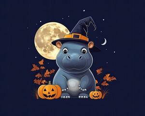 Fototapeta premium Cute cartoon hippo in a witch hat with pumpkins under a full moon, perfect for Halloween-themed designs and decorations.