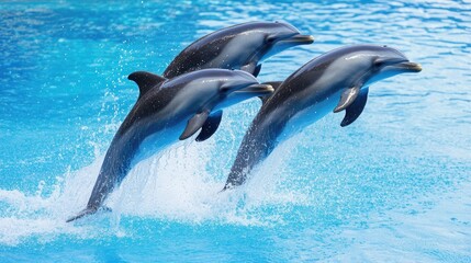 Naklejka premium Dolphins leaping above shimmering blue water